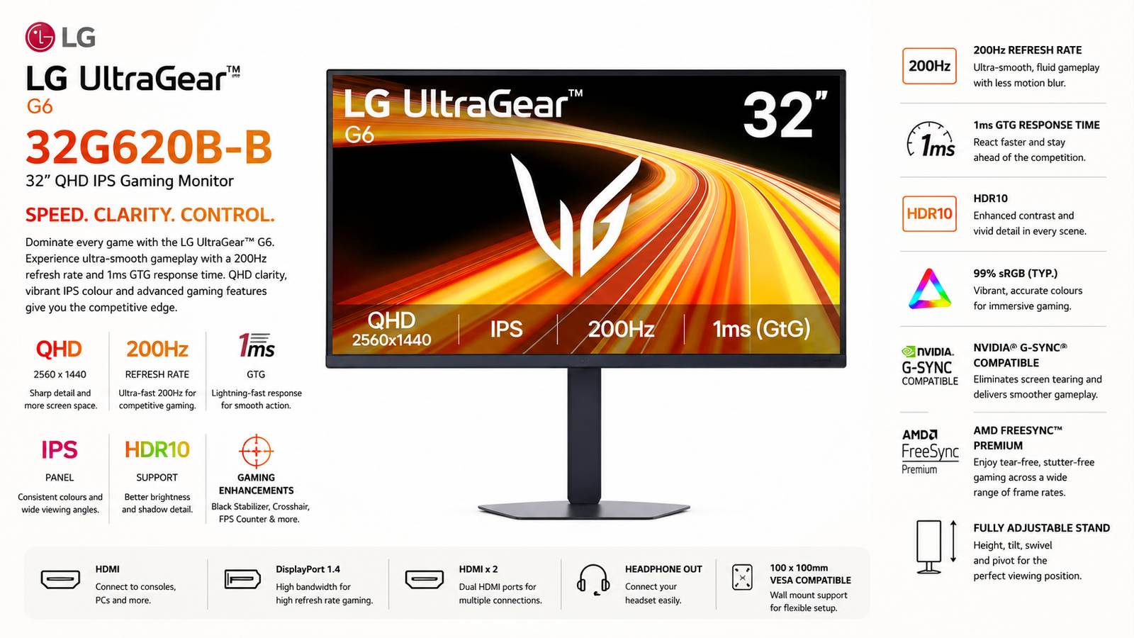 LG UltraGear G6 32G620B-B 32-inch QHD IPS Gaming Monitor, 200Hz, 1ms GTG, HDR10, NVIDIA G-SYNC Compatible, AMD FreeSync Premium, HDMI, DisplayPort 1.4, Height/Pivot/Swivel Stand, Black | 32G620B-B
